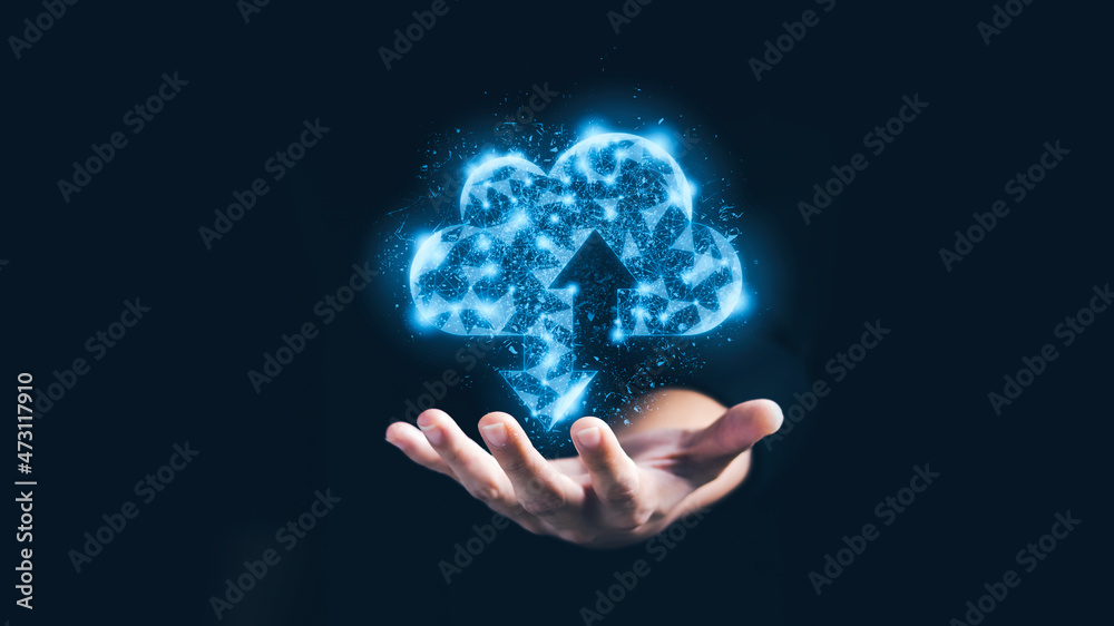 Businessman hold virtual cloud computing, data transfer and cloud computing, technology concept of the future. Businessman hold virtual cloud computing, data transfer and cloud computing, technology concept of the future.
