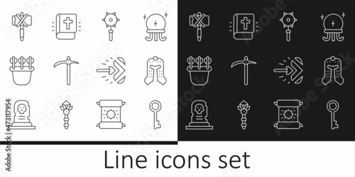 Set line Old key, Medieval helmet, chained mace ball, Pickaxe, Quiver with arrows, Magic and Holy bible book icon. Vector