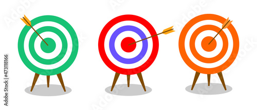 Set of target on white background. Variety vector target in flat style. The arrow hit right in the center of the point.