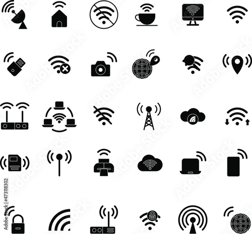 Black and white Wireless network flat vector icon collection set