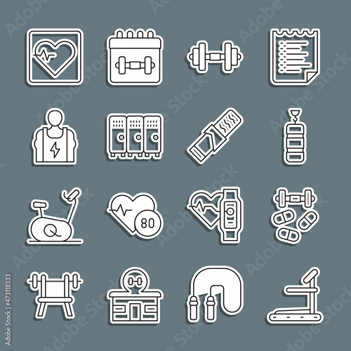 Set line Treadmill machine, Sports doping with dumbbell, Punching bag, Dumbbell, Locker changing room, Bodybuilder, Heart rate and Protein sport bar icon. Vector