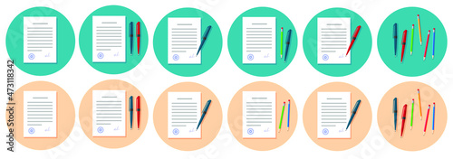 Writing text letter content on paper document sheets via pen and pencil  flat cartoon illustration, idea of book or essay creation, note message pages image
