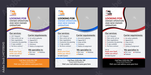Modern dispatch trucking company freight broker flyer, truck dispatcher logistics flyer template, transport service flyer design template, owner-operators independent freight flyer