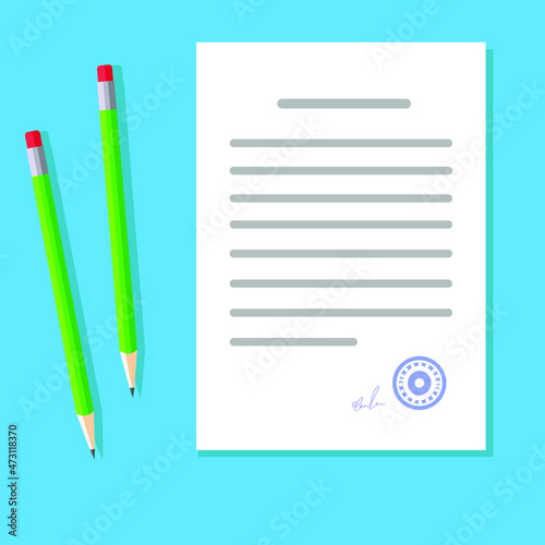 Writing text letter content on paper document sheets via pen flat cartoon illustration, idea of book or essay creation, note message pages image
