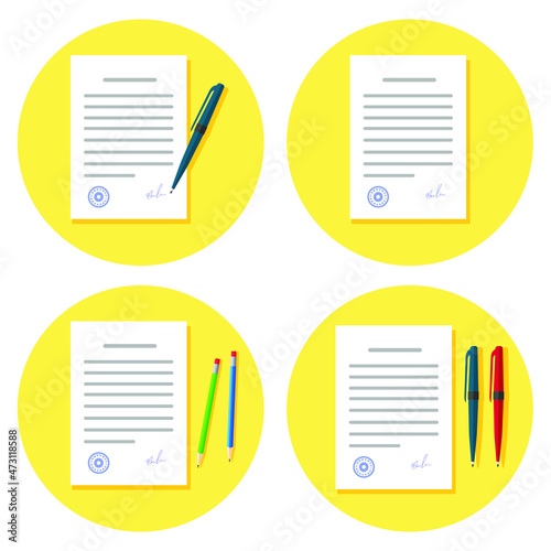 Writing text letter content on paper document sheets via pen flat cartoon illustration, idea of book or essay creation, note message pages image
