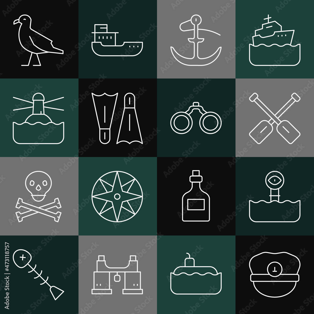 Set line Captain hat, Periscope, Paddle, Anchor, Flippers for swimming, Lighthouse, Bird seagull and Binoculars icon. Vector Set line Captain hat, Periscope, Paddle, Anchor, Flippers for swimming, Lighthouse, Bird seagull and Binoculars icon. Vector