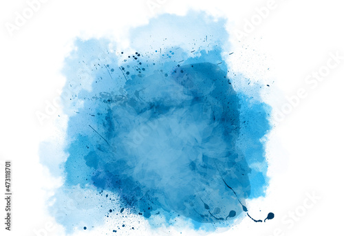 Blue Dust Explosion Isolated on White Background. Abstract hand drawn watercolor stains background. Blue color powder explosion on white background. 