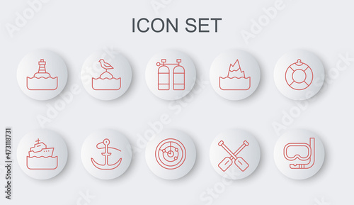 Set line Diving mask and snorkel, Cruise ship, Aqualung, Paddle, Floating buoy, Seagull sits on, Anchor and Radar with targets icon. Vector