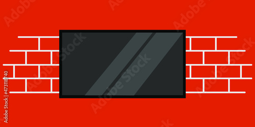 Tv screen or television movie online on desk vector illustration flat cartoon, concept of watching film in modern wall room scene in led wide display, idea of web banner, video streaming, tv stand
