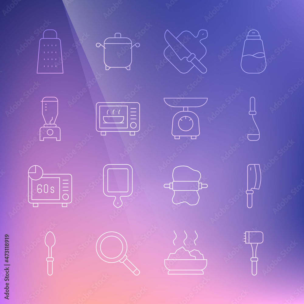 Set line Kitchen hammer, Meat chopper, ladle, Cutting board and knife, Microwave oven, Blender, Grater and Scales icon. Vector Set line Kitchen hammer, Meat chopper, ladle, Cutting board and knife, Microwave oven, Blender, Grater and Scales icon. Vector