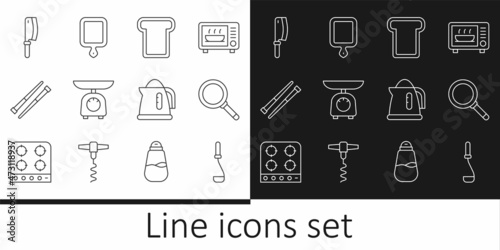 Set line Kitchen ladle, Frying pan, Bread toast, Scales, Food chopsticks, Meat chopper, Electric kettle and Cutting board icon. Vector