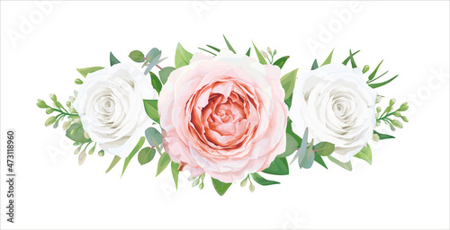 Delicate trendy editable vector bouquet. Blush pink garden rose, ivory white flowers, greenery leaves, green eucalyptus branch garland, border. Wedding invite, greeting, save the date designer element