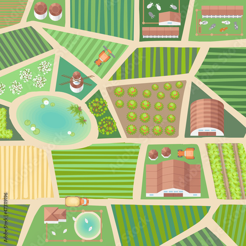 Vector illustration. Green farm in the landscape. (top view)  