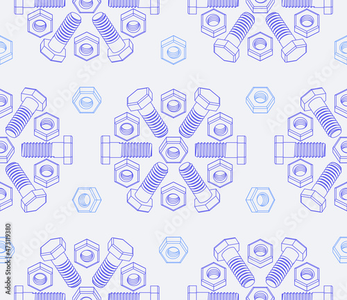 Christmas seamless pattern of bolts and nuts laid out in the shape of snowflakes. Isometric contour 3D drawing of fasteners. Vector background for construction tools store, technical support and other