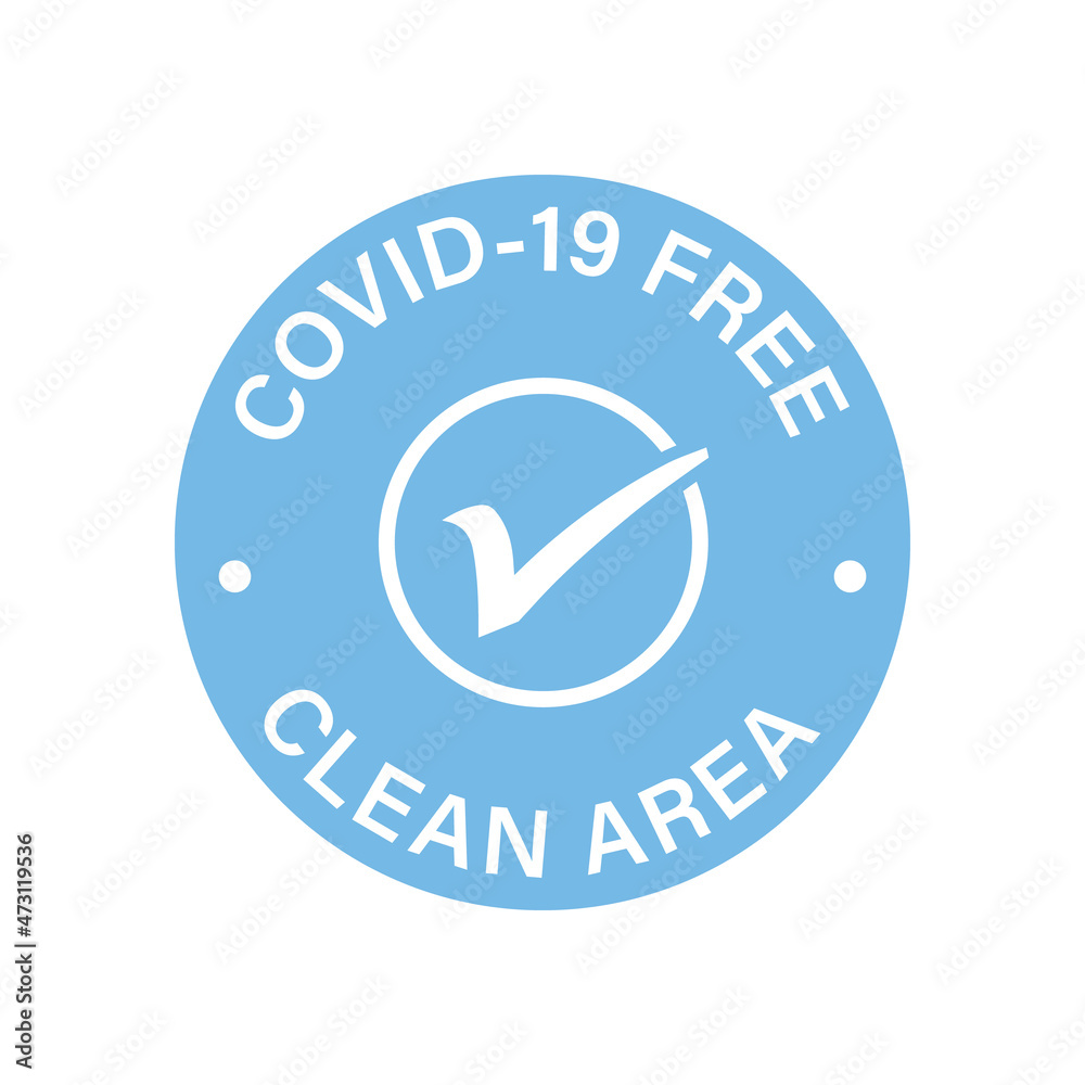 The icon of the clean zone from the coronavirus. The round symbol for disinfected Covid-19 areas. A Covid-free zone. Light blue sticker icon isolated on white background The icon of the clean zone from the coronavirus. The round symbol for disinfected Covid-19 areas. A Covid-free zone. Light blue sticker icon isolated on white background