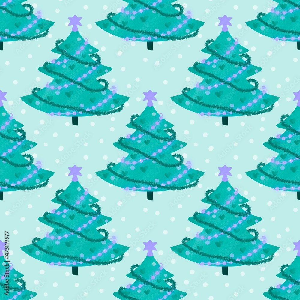 Doodle green cute Christmas tree for fabrics and gifts