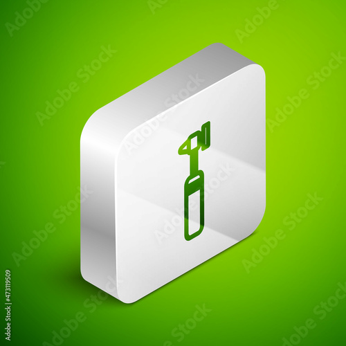 Isometric line Medical otoscope tool icon isolated on green background. Medical instrument. Silver square button. Vector Illustration