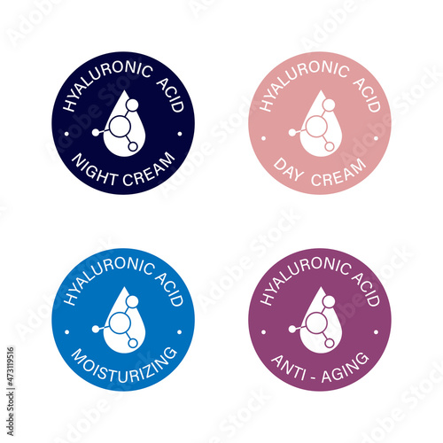 The icon of hyaluronic acid. A symbol of night cream, day cream, moisturizing and rejuvenating cosmetics. Four round sticker icons isolated on a white background