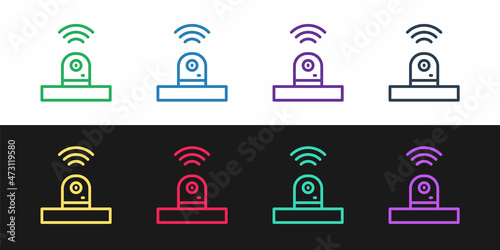 Set line Smart security camera icon isolated on black and white background. Internet of things concept with wireless connection. Vector