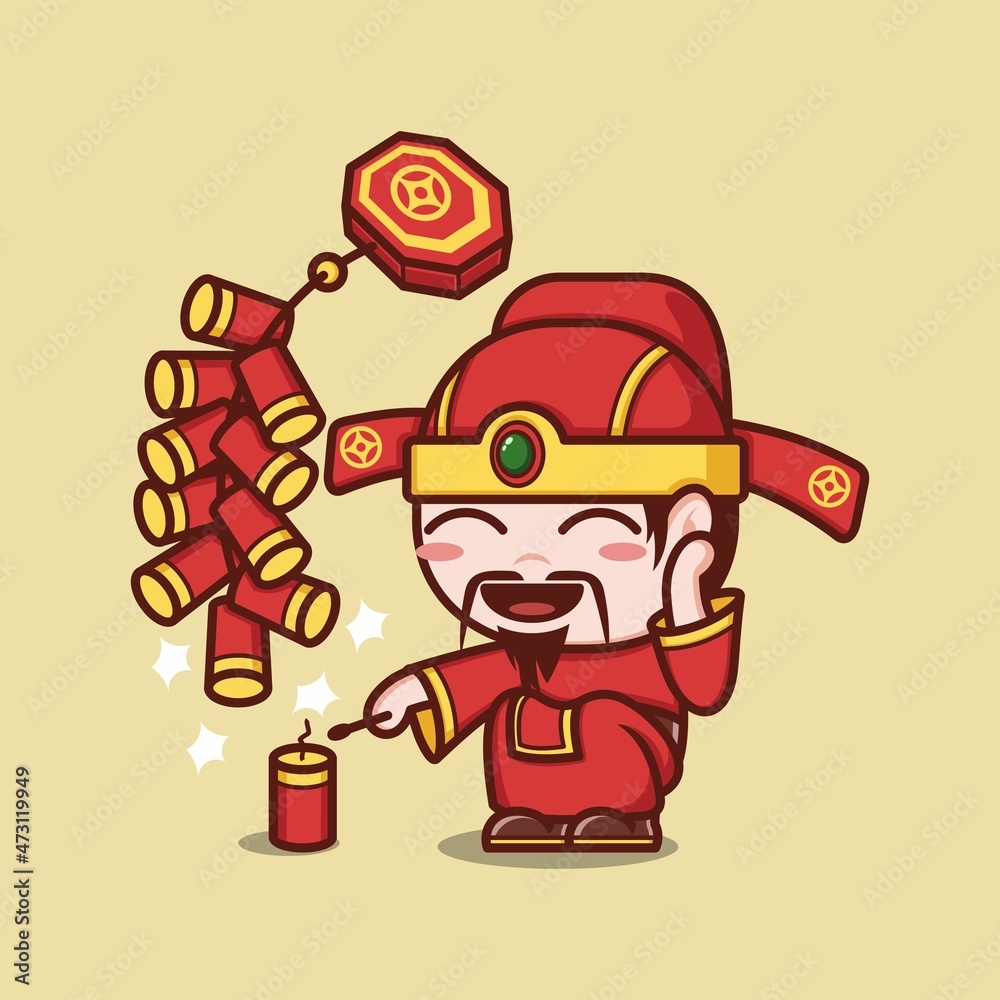 cute cartoon caishen god in chinese new year with firecracker. vector illustration for mascot logo or sticker