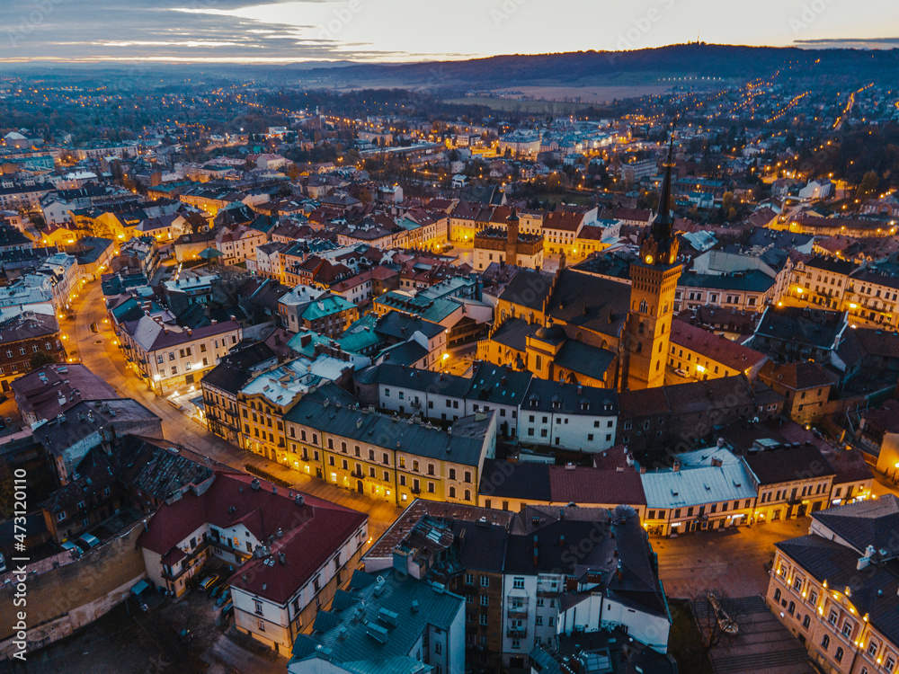 Old Town in Tarnow, Poland at Twilight. Drone View