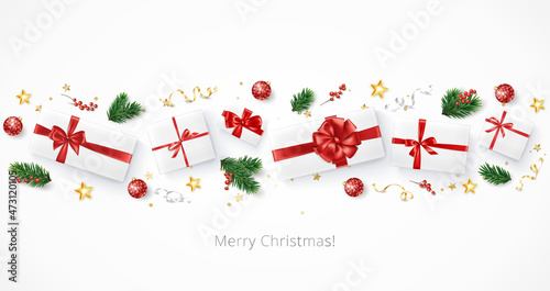 Christmas composition, realistic vector. Presents with red bows on white background. Festive holiday decoration. Fir tree branch, gift box. For winter sale banners, headers, websites, party posters.