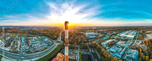 Heat Plant with Coal Fuel in Tarnow, Poland. Aerial Panoramic Drone View on Industrial Zone