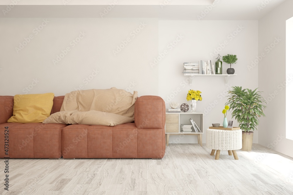 White living room with sofa. Scandinavian interior design. 3D illustration White living room with sofa. Scandinavian interior design. 3D illustration