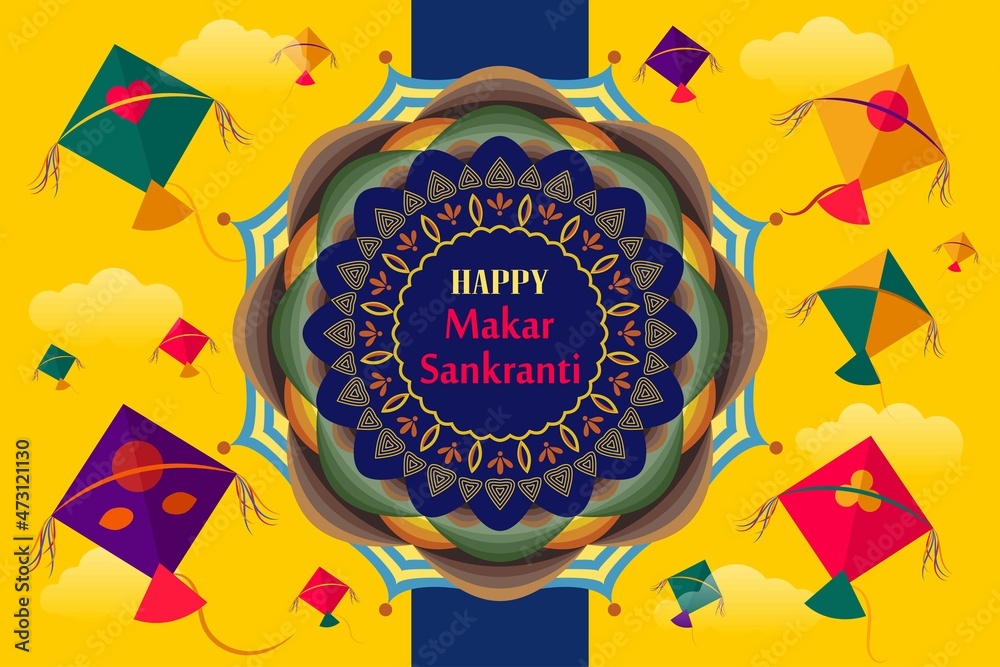 Happy Makar Sankranti, Colorful flying kites for Makar Sankranti festival Banner  Poster Vector Illustration Sky Mandala Background Stock Vector | Adobe Stock