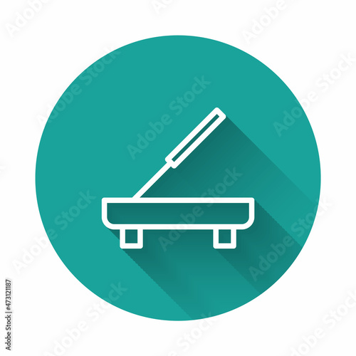 White line Scented spa stick on a wooden stand icon isolated with long shadow. Incense stick. Cosmetic procedure aromatherapy. Green circle button. Vector