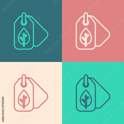 Pop art line Tag with leaf symbol icon isolated on color background. Banner, label, tag, logo, sticker for eco green. Vector