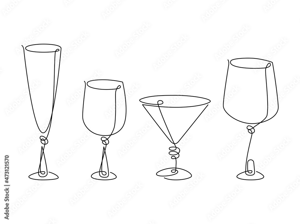 Set of glass goblets for wine and drinks. Isolated on white background. Continuous line drawing illustration. Set of glass goblets for wine and drinks. Isolated on white background. Continuous line drawing illustration.