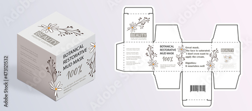 Design of the cosmetic packaging template. Cut. Cosmetic cream mask with herbs in a closed box. Realistic 3D model.