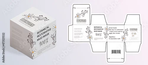 Obraz Design of the cosmetic packaging template. Cut. Cosmetic cream mask with herbs in a closed box. Realistic 3D model.