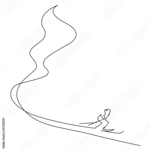 Alpine skier going downhill. Ski slope. Continuous line drawing illustration.