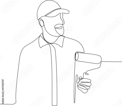 Idea continuous one line drawing of painter man holding a paint roller isolated on white background looking to the side for your design minimal outline. Vector illustration