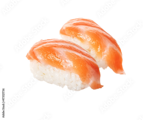  Two salmon sushi nigiri isolated on white background