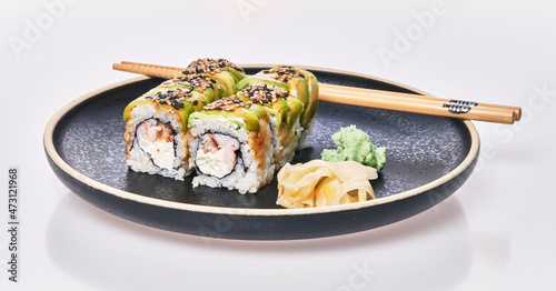 Plate of shrimp and cheese cream uramaki sushi on a marble surface