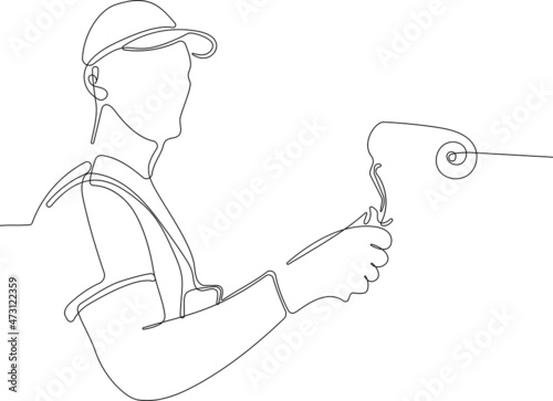Continuous one line drawing of painter wearing a hat and gloves painting the wall using roller for your design minimal outline. Vector illustration