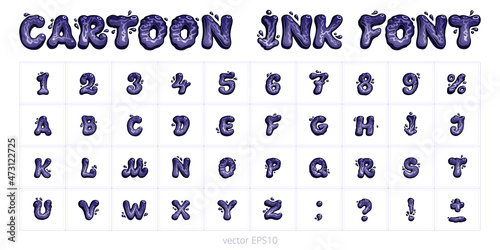 Cartoon liquid ink font. Funny English alphabet. Hand drawn vector letters, numbers, punctuation marks and percent sign. Black flexible characters and digits