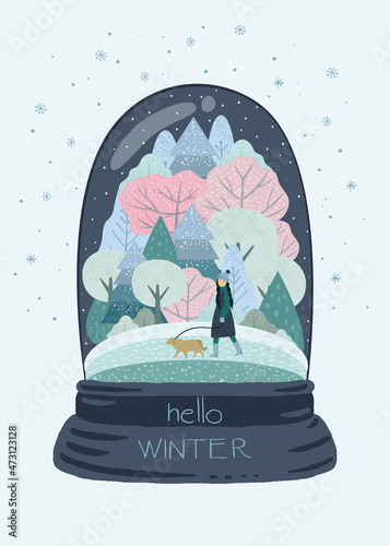Snow globe with winter landscape in retro style. Trees, fir trees, bushes, woman and dog in the snow with snowflakes and text in bright colours. Winter walk. Vector illustration.