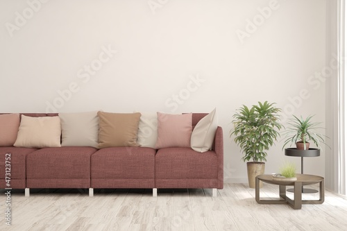 White living room with sofa. Scandinavian interior design. 3D illustration