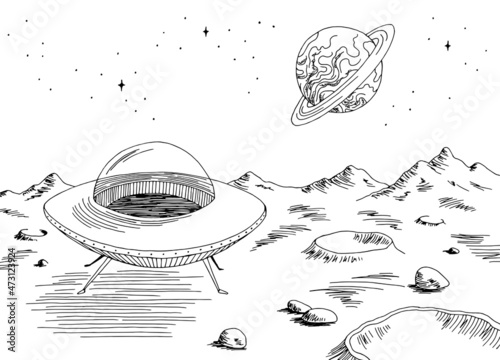 Alien planet graphic UFO flyer spaceship landed black white space landscape sketch illustration vector 
