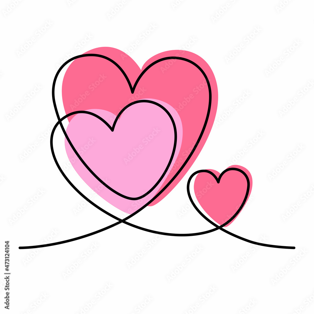 Continuous one line drawing of three hearts isolated on white background. EPS10 vector illustration for banner, valentine, wedding, template, poster. Black thin line image of heart icon. Continuous one line drawing of three hearts isolated on white background. EPS10 vector illustration for banner, valentine, wedding, template, poster. Black thin line image of heart icon.