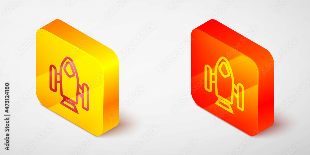 Isometric line Rocket ship icon isolated on grey background. Space travel. Yellow and orange square button. Vector Isometric line Rocket ship icon isolated on grey background. Space travel. Yellow and orange square button. Vector