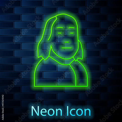 Glowing neon line Benjamin Franklin icon isolated on brick wall background. Vector