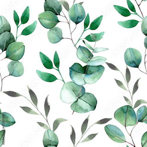 watercolor seamless pattern with tropical green eucalyptus leaves on white background. vintage print