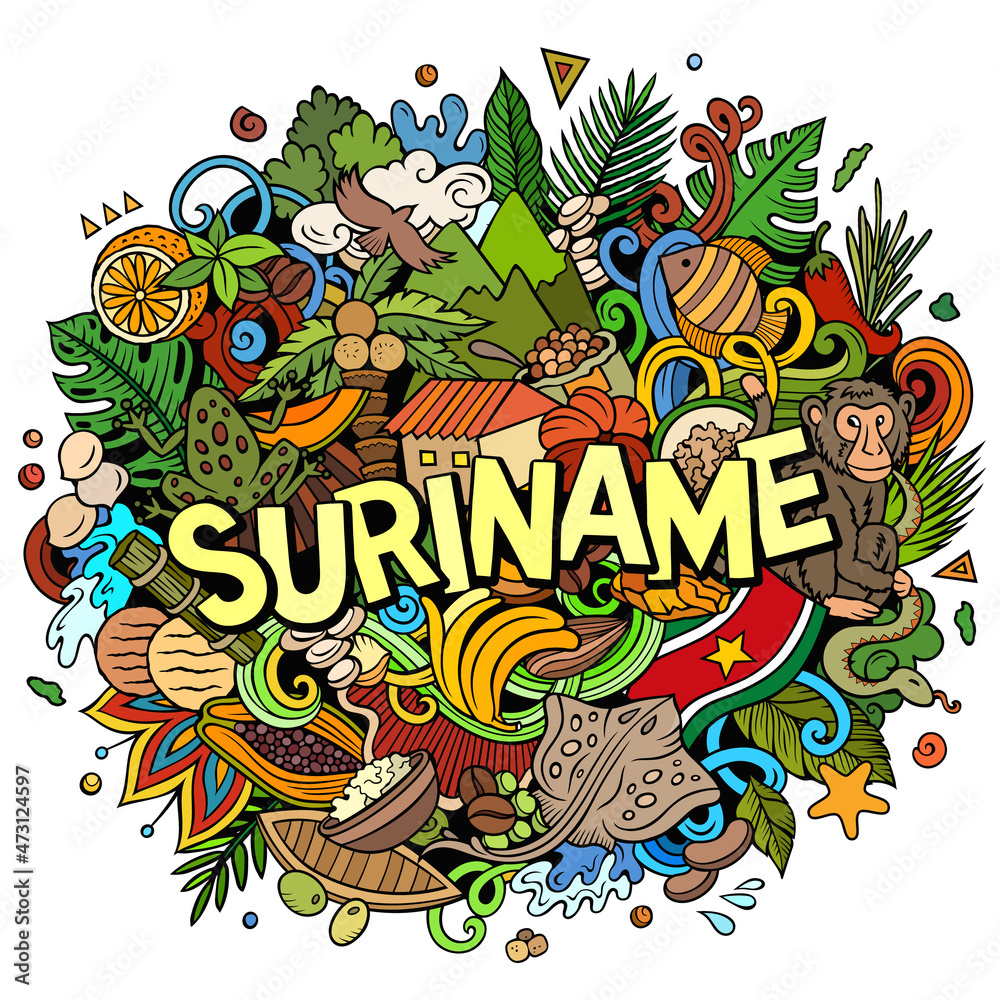 Suriname hand drawn cartoon doodle illustration. Funny local design.