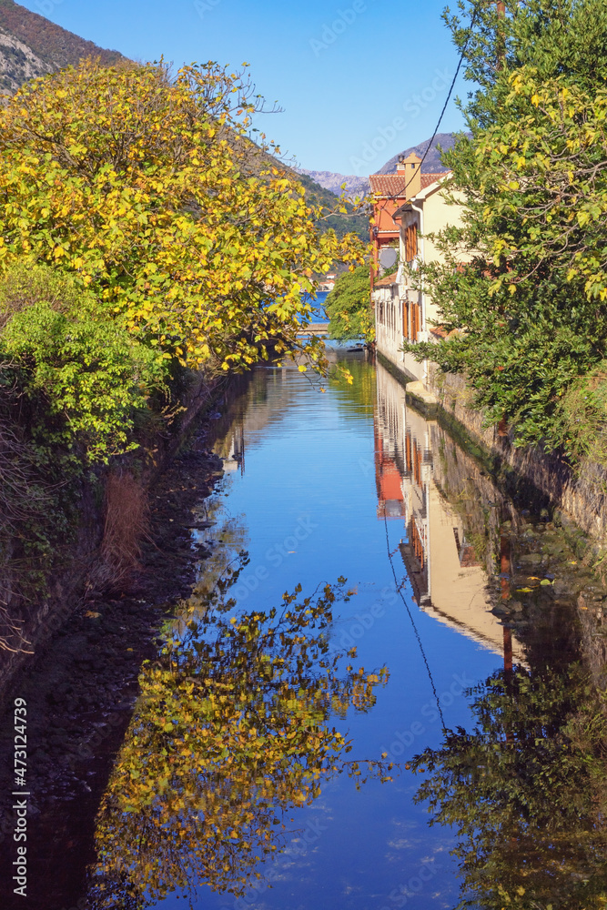 Reflection. Sky, autumn trees and building are reflected in water of canal. Kotor city, Montenegro