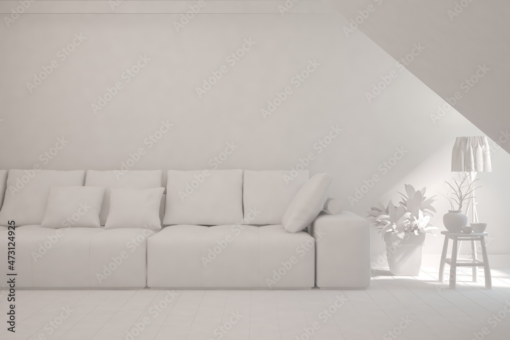Fototapeta premium White minimalist living room with sofa. Scandinavian interior design. 3D illustration